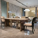 White Marble Dining Table with Woven Leather Side Panels and Polished Metal Frame